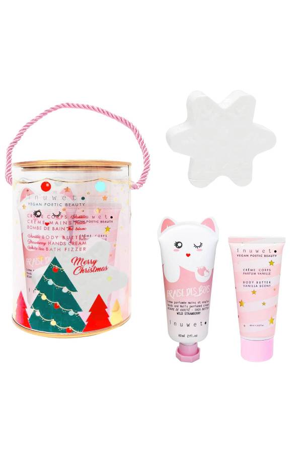 Inuwet Silindir Kutulu Yılbaşı Seti - Çilek Kokulu El Kremi 60ml, Vanilya Kokulu Vücut Losyonu 60ml ve Kar Tanesi Şeklinde Banyo Topu - 1