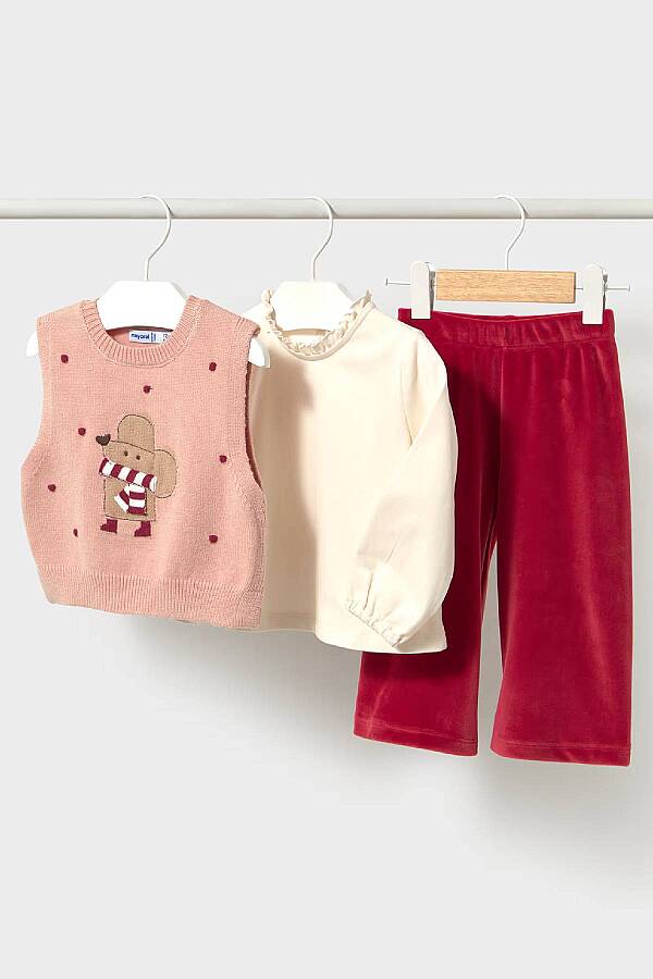 Mayoral Kışlık Kız Bebek Bluz Pantolon Süveter Set Kırmızı - 1