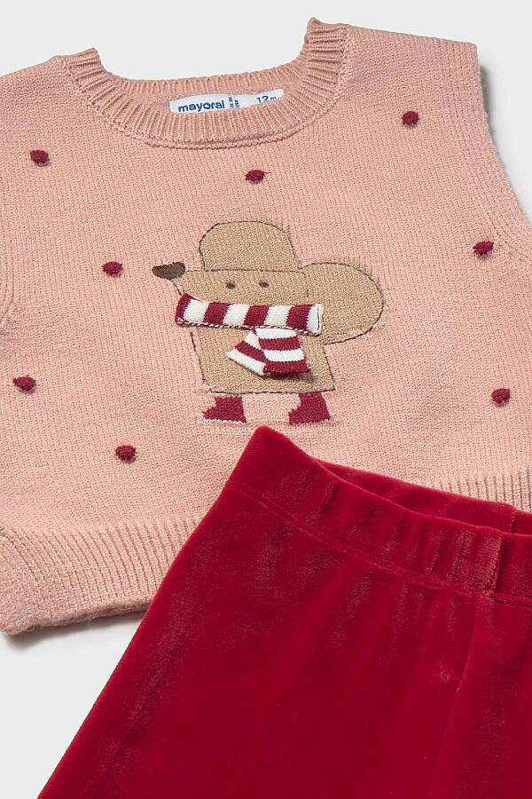 Mayoral Kışlık Kız Bebek Bluz Pantolon Süveter Set Kırmızı - 4