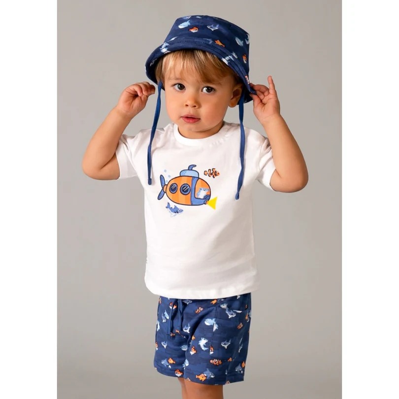 Mayoral Yazlık Erkek Bebek Kısa Kol T-shirt Şort Şapka 3'lü Set Lacivert - 1