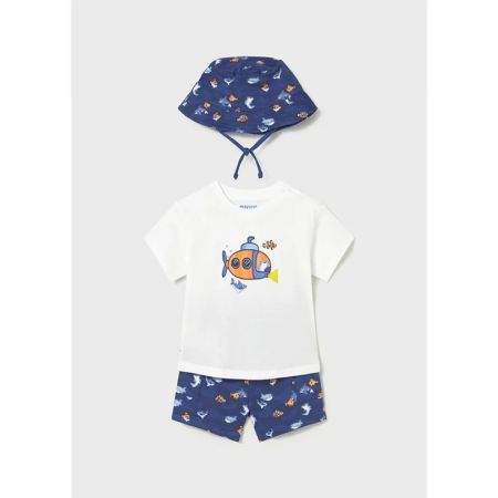 Mayoral Yazlık Erkek Bebek Kısa Kol T-shirt Şort Şapka 3'lü Set Lacivert - 4
