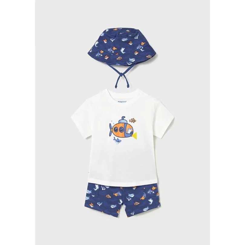Mayoral Yazlık Erkek Bebek Kısa Kol T-shirt Şort Şapka 3'lü Set Lacivert - 4
