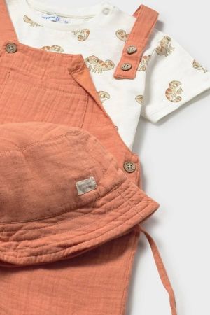 Mayoral Yazlık Erkek Bebek T-shirt Kısa Salopet Tulum Şapka 3'lü Set Turuncu - 4