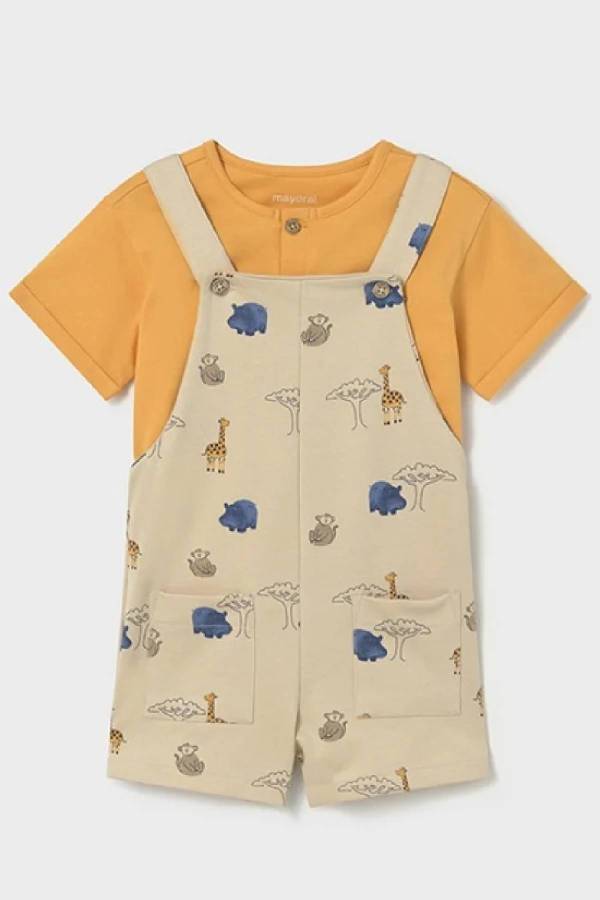 Mayoral Yazlık Erkek Bebek T-shirt Kısa Salopet Tulum Set Bej - 1